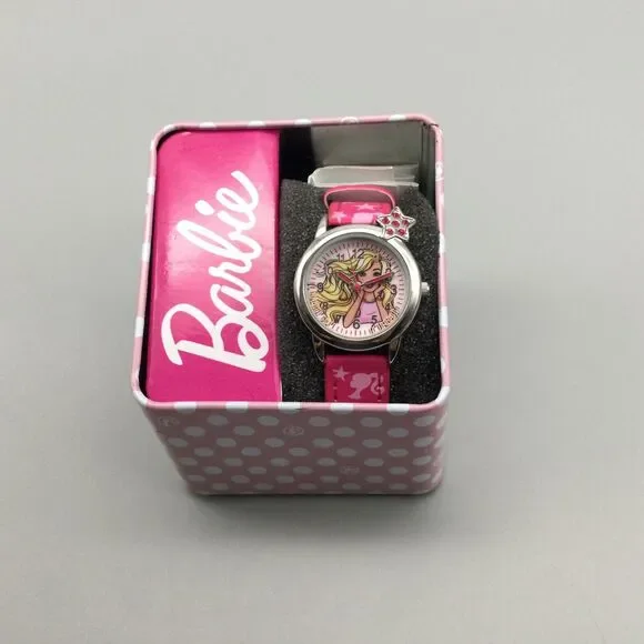 Barbie Watch Kids Girl Youth 28mm Pink Silver Tone With Metal Box New Battery - Picture 2 of 8